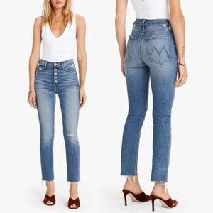 Mother Jeans Size 30/31Blue Denim Crop Blue Ankle Fray Pixie Dazzler Button Fly